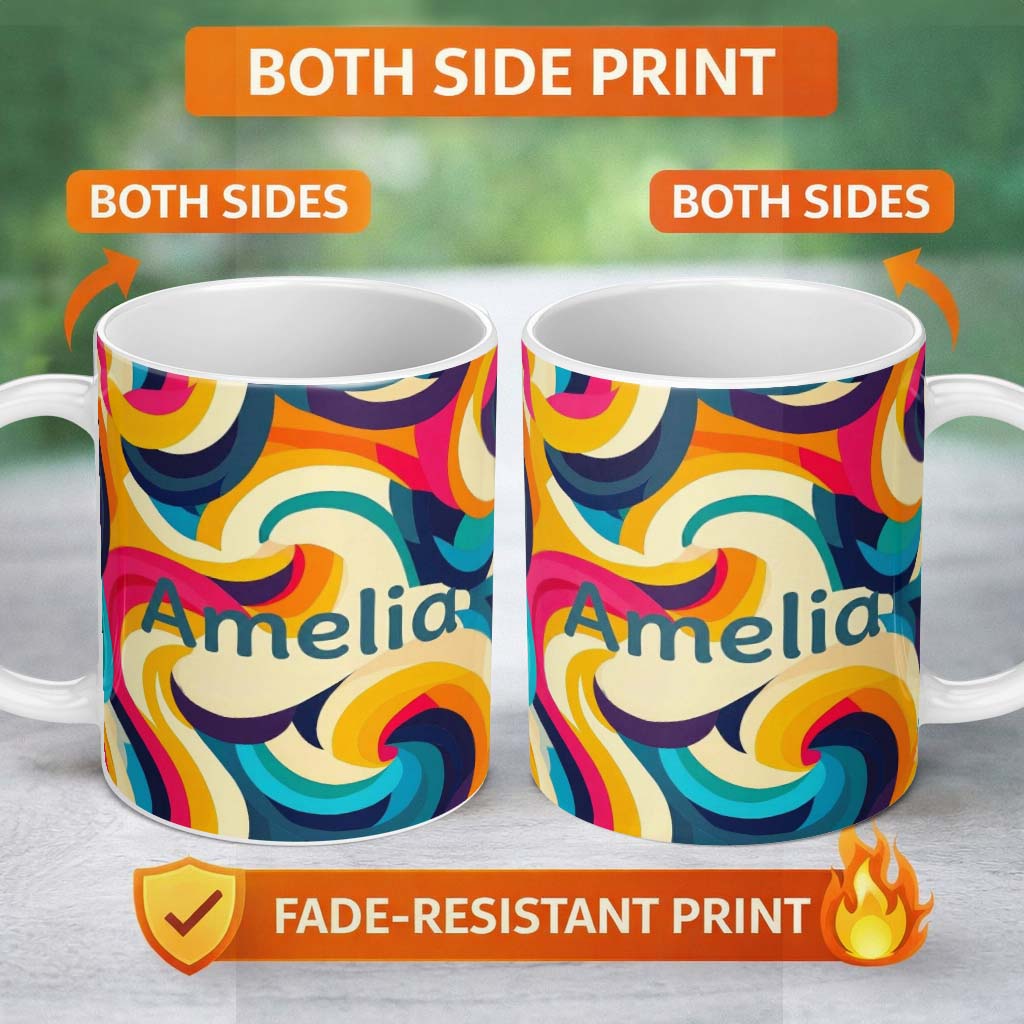 Personalized Custom Name Abstract Vibrant Flowing Curves Swirl Seamless Pattern Name Cute 11oz Ceramic Coffee Tea Mug White Large Handle