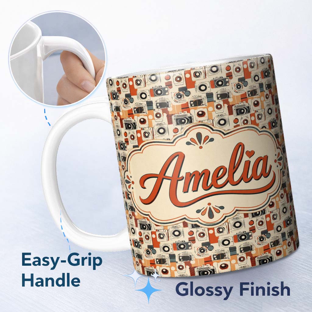 Personalized Custom Name Mid Century Modern Abstract Camera Seamless Pattern Orange Cream 11oz Ceramic Coffee Tea Mug White Large Handle