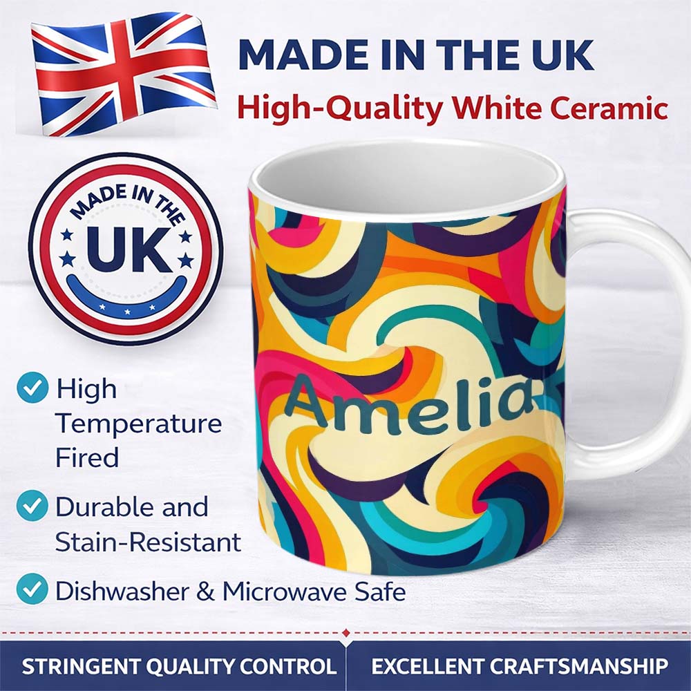 Personalized Custom Name Abstract Vibrant Flowing Curves Swirl Seamless Pattern Name Cute 11oz Ceramic Coffee Tea Mug White Large Handle