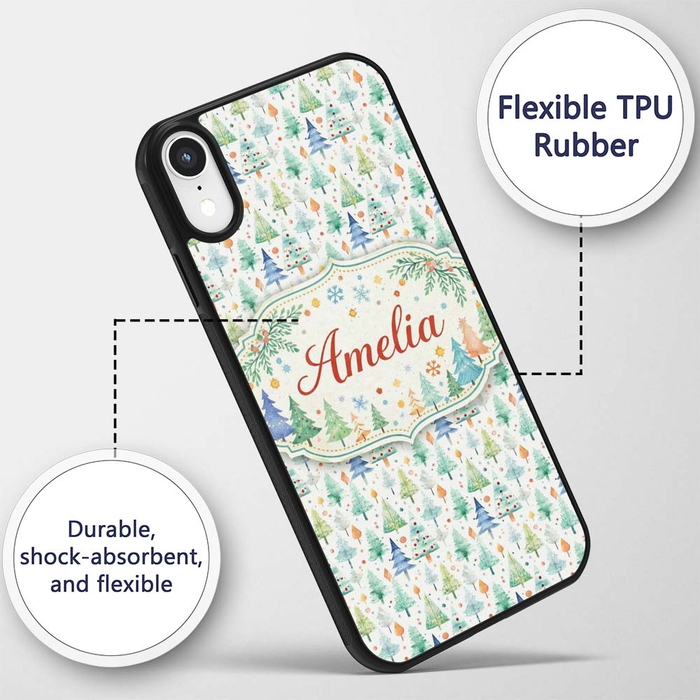 Watercolor Christmas Tree Pastel Forest Seamless Custom Name Protective Phone Case Mobile Cover Durable Everyday Smartphone Shock Resistant