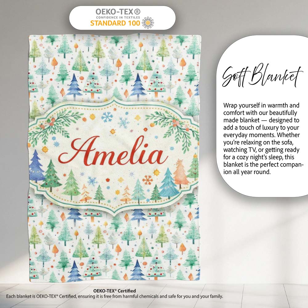 Watercolor Christmas Tree Pastel Forest Seamless Pattern Lovely Personalised Custom Name Super Soft Fleece Blanket Bed Sofa Throw