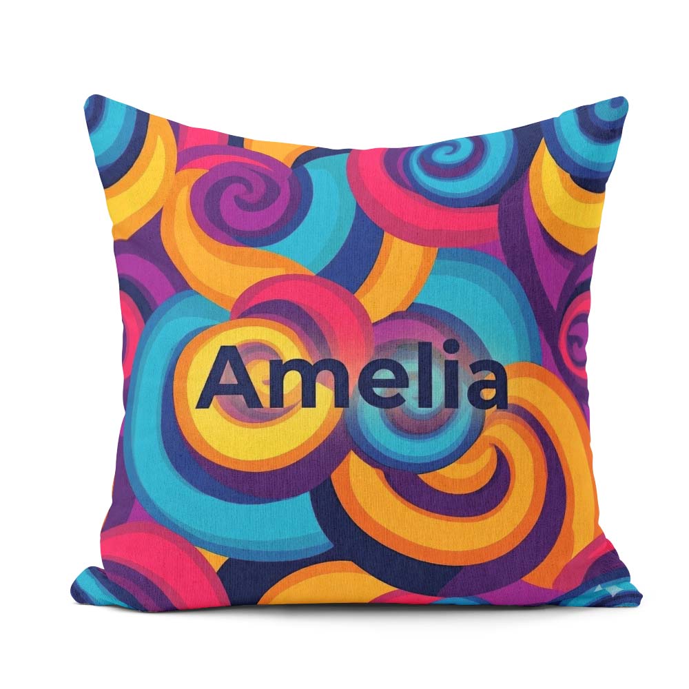 Custom Name Abstract Psychedelic Spiral Curl Bold Color Seamless Square Filled Cushion Throw Pillow Sofa Bed Home Decor Zip Washable UK Made