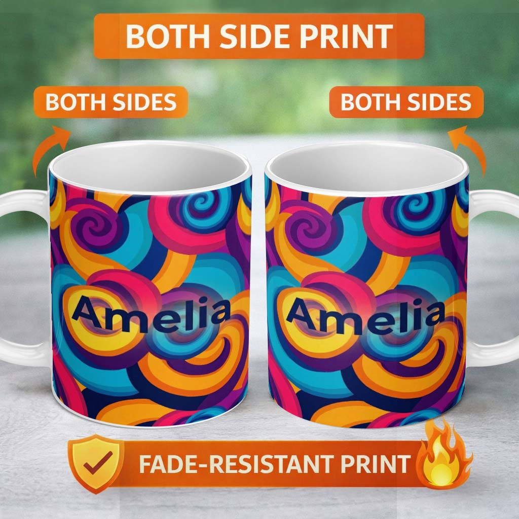 Personalized Custom Name Abstract Psychedelic Spiral Curl Bold Color Seamless Pattern Name 11oz Ceramic Coffee Tea Mug White Large Handle