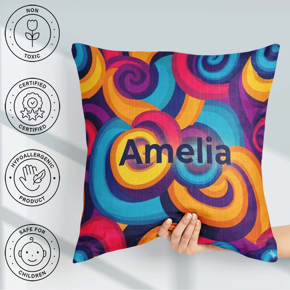 Custom Name Abstract Psychedelic Spiral Curl Bold Color Seamless Square Filled Cushion Throw Pillow Sofa Bed Home Decor Zip Washable UK Made
