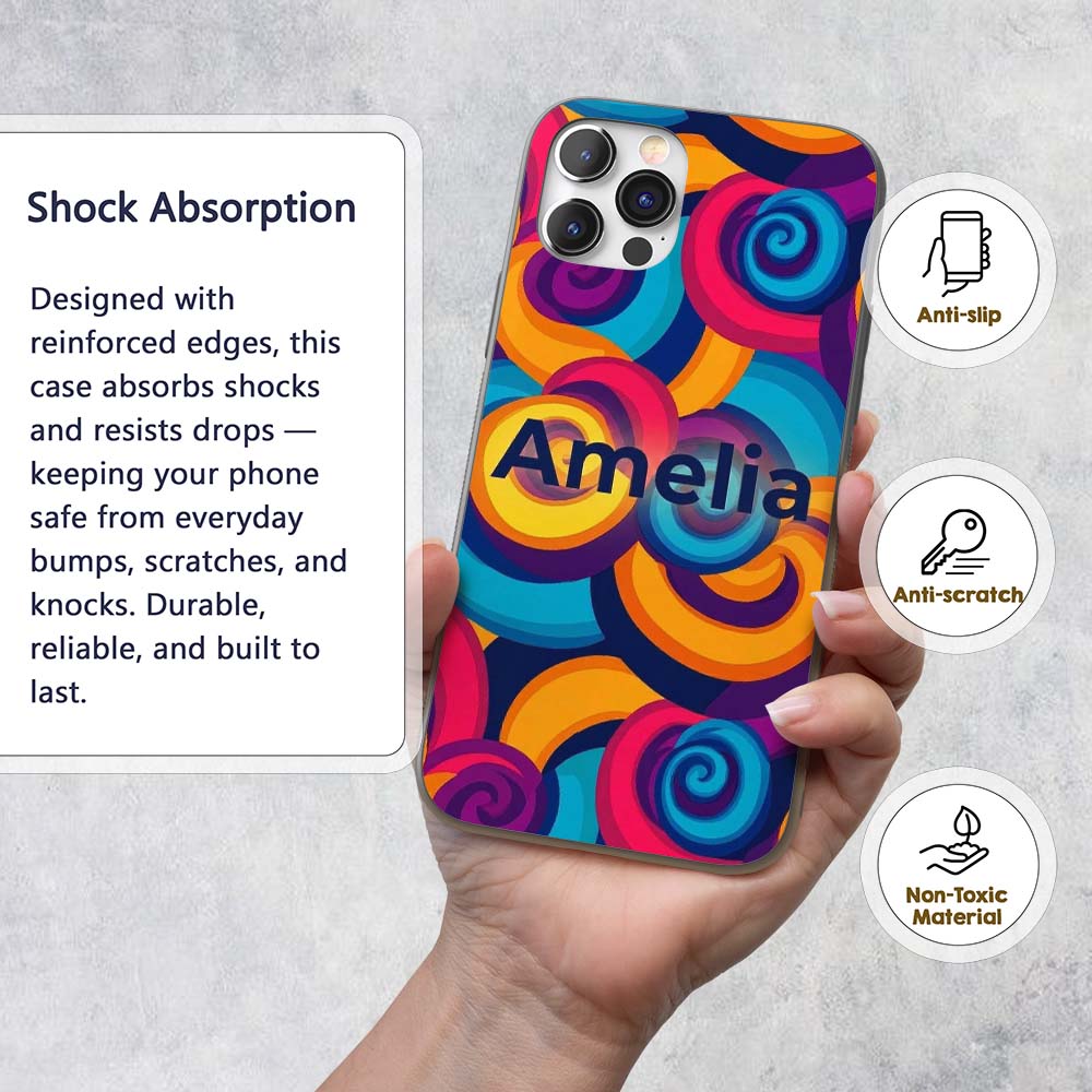 Abstract Psychedelic Spiral Curl Printed Design Custom Name Protective Phone Case Mobile Cover Durable Everyday Smartphone Shock Resistant
