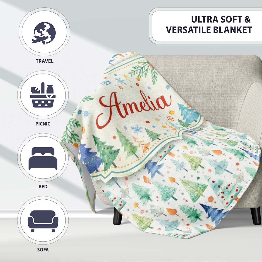 Watercolor Christmas Tree Pastel Forest Seamless Pattern Lovely Personalised Custom Name Super Soft Fleece Blanket Bed Sofa Throw