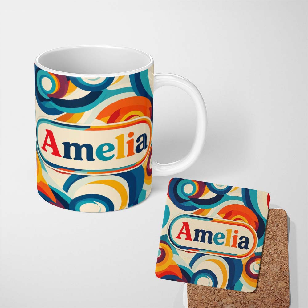 Personalized Custom Name Abstract Circular Swirl Rings Colorful Seamless Pattern Name Cute 11oz Ceramic Coffee Tea Mug White Large Handle