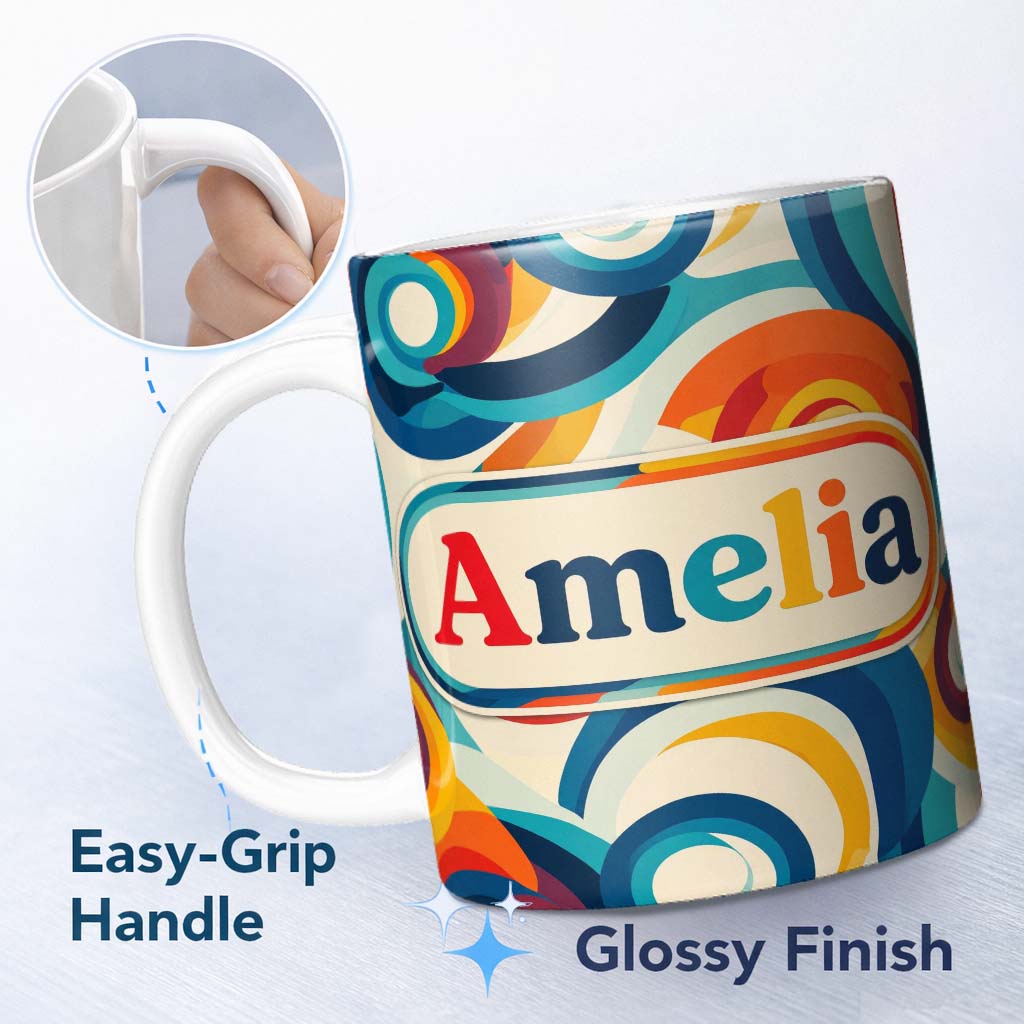 Personalized Custom Name Abstract Circular Swirl Rings Colorful Seamless Pattern Name Cute 11oz Ceramic Coffee Tea Mug White Large Handle