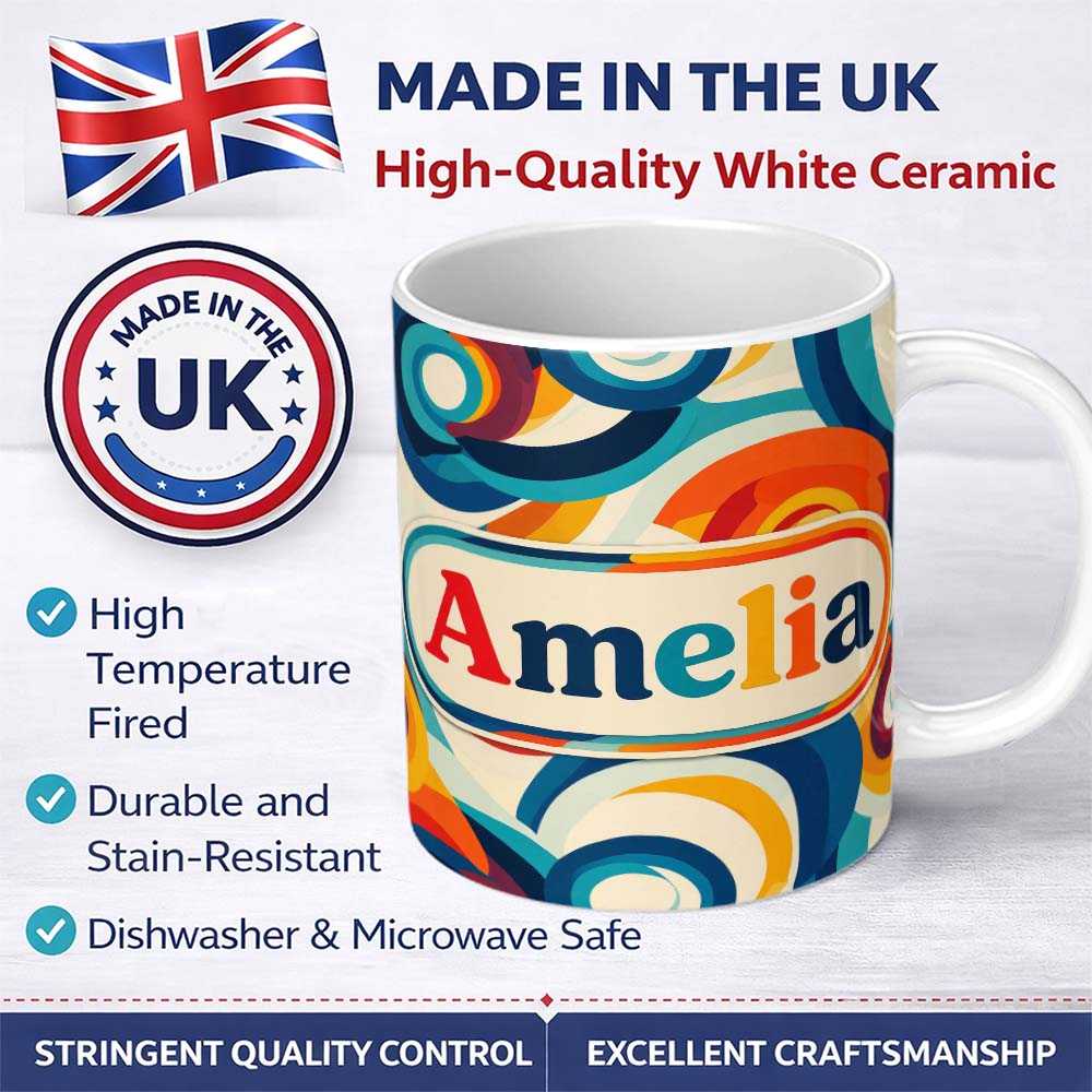 Personalized Custom Name Abstract Circular Swirl Rings Colorful Seamless Pattern Name Cute 11oz Ceramic Coffee Tea Mug White Large Handle