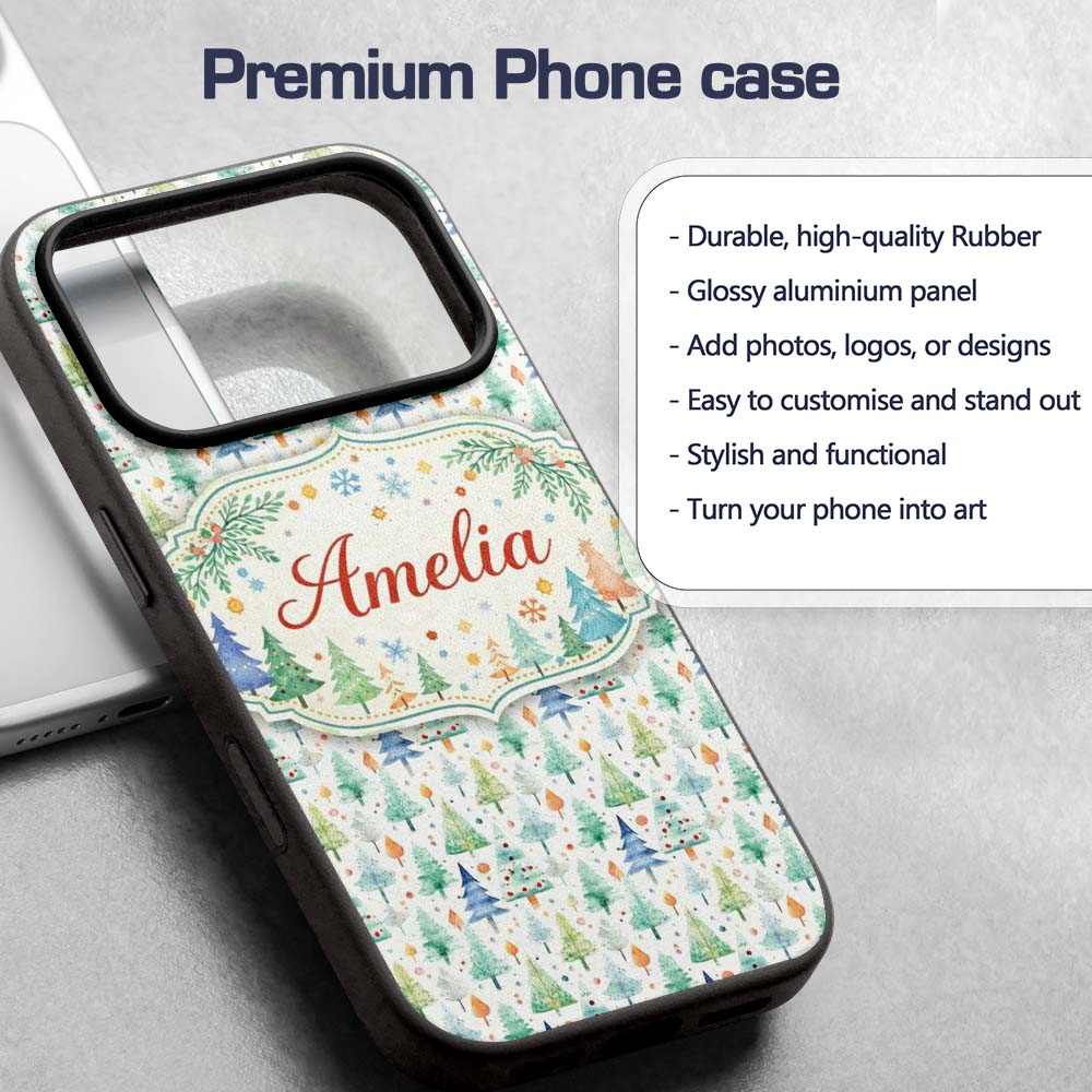 Watercolor Christmas Tree Pastel Forest Seamless Custom Name Protective Phone Case Mobile Cover Durable Everyday Smartphone Shock Resistant