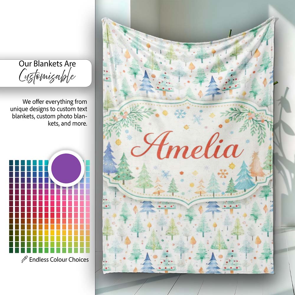 Watercolor Christmas Tree Pastel Forest Seamless Pattern Lovely Personalised Custom Name Super Soft Fleece Blanket Bed Sofa Throw