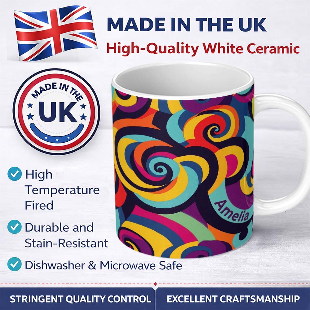 Personalized Custom Name Abstract Bold Curvy Wave Swirl Color Seamless Pattern Name Cute 11oz Ceramic Coffee Tea Mug White Large Handle