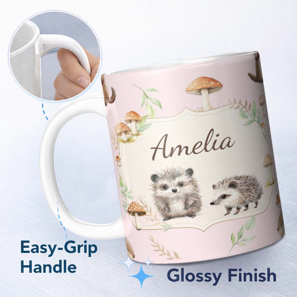Personalized Custom Name Cute Woodland Hedgehog Mushrooms Leaves Seamless Pattern Soft Blush 11oz Ceramic Coffee Tea Mug White Large Handle