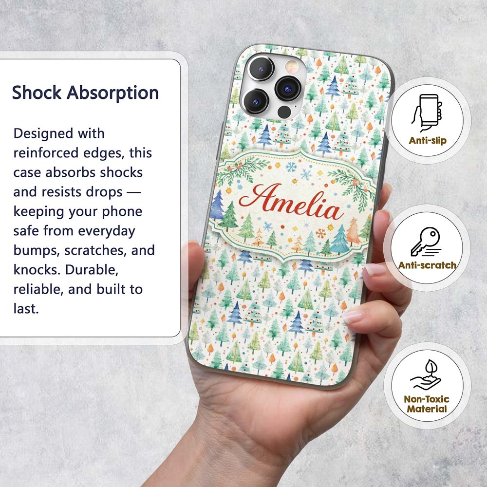 Watercolor Christmas Tree Pastel Forest Seamless Custom Name Protective Phone Case Mobile Cover Durable Everyday Smartphone Shock Resistant