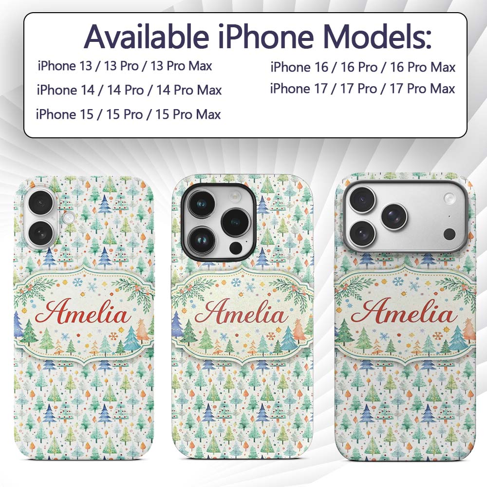 Watercolor Christmas Tree Pastel Forest Seamless Custom Name Protective Phone Case Mobile Cover Durable Everyday Smartphone Shock Resistant