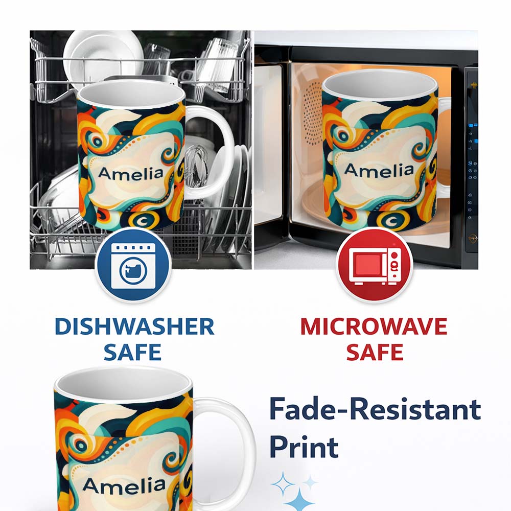 Personalized Custom Name Abstract Modern Fluid Curl Shapes Vibrant Seamless Pattern Name Cute 11oz Ceramic Coffee Tea Mug White Large Handle