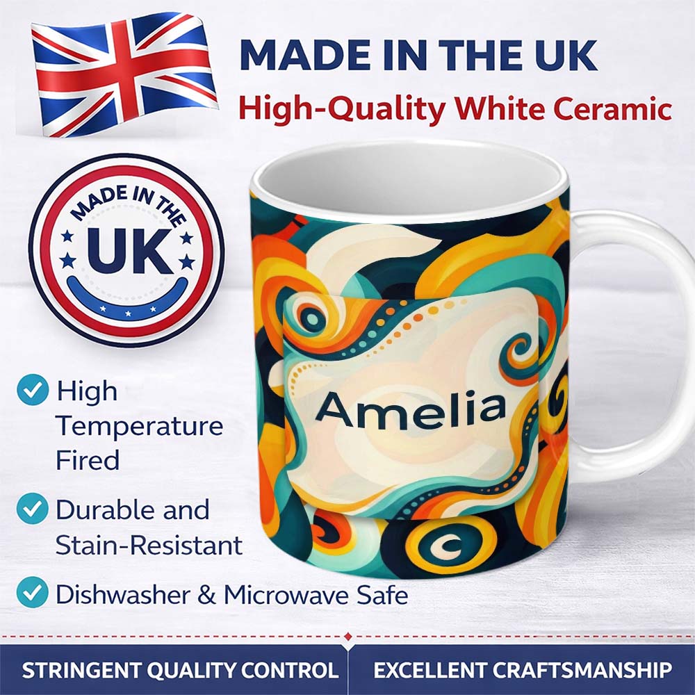 Personalized Custom Name Abstract Modern Fluid Curl Shapes Vibrant Seamless Pattern Name Cute 11oz Ceramic Coffee Tea Mug White Large Handle