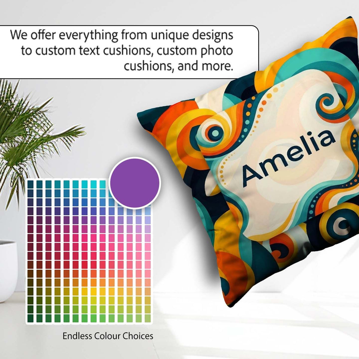 Custom Name Abstract Modern Fluid Curl Shapes Seamless Name Cute Square Filled Cushion Throw Pillow Sofa Bed Home Decor Zip Washable UK Made