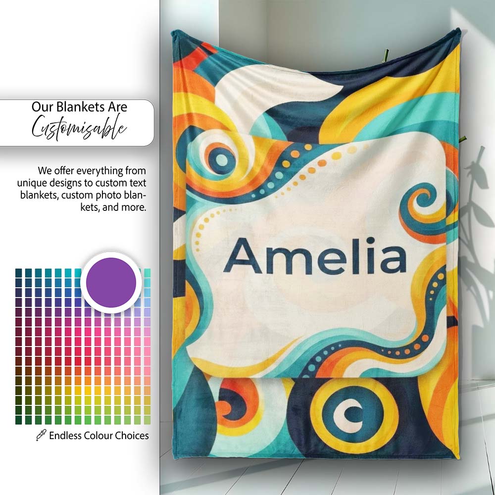 Abstract Modern Fluid Curl Shapes Vibrant Seamless Pattern Name Cute Personalised Custom Name Super Soft Fleece Blanket Bed Sofa Throw