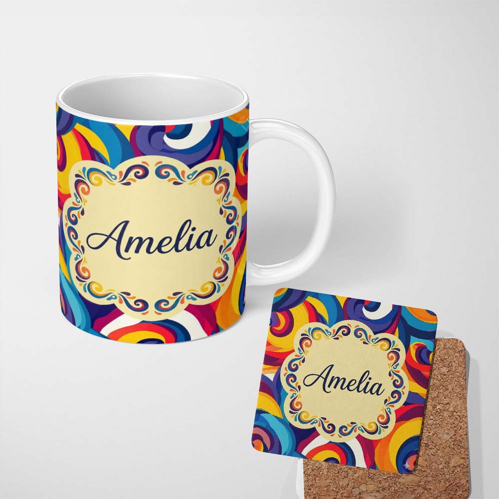 Personalized Custom Name Abstract Colorful Spiral Motion Wave Seamless Pattern Name Cute 11oz Ceramic Coffee Tea Mug White Large Handle