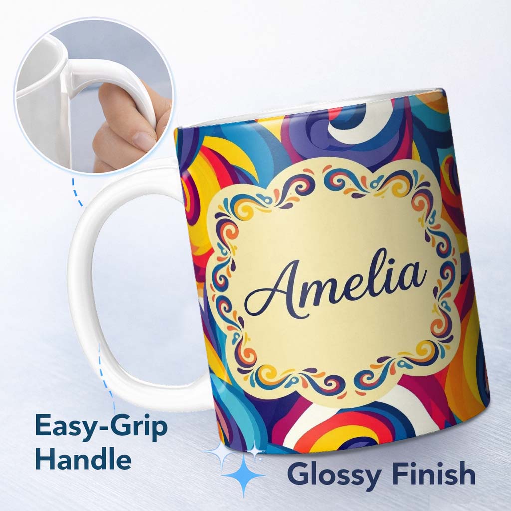 Personalized Custom Name Abstract Colorful Spiral Motion Wave Seamless Pattern Name Cute 11oz Ceramic Coffee Tea Mug White Large Handle