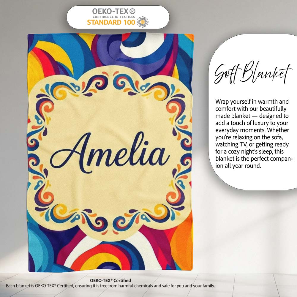Abstract Colorful Spiral Motion Wave Seamless Pattern Name Cute Personalised Custom Name Super Soft Fleece Blanket Bed Sofa Throw