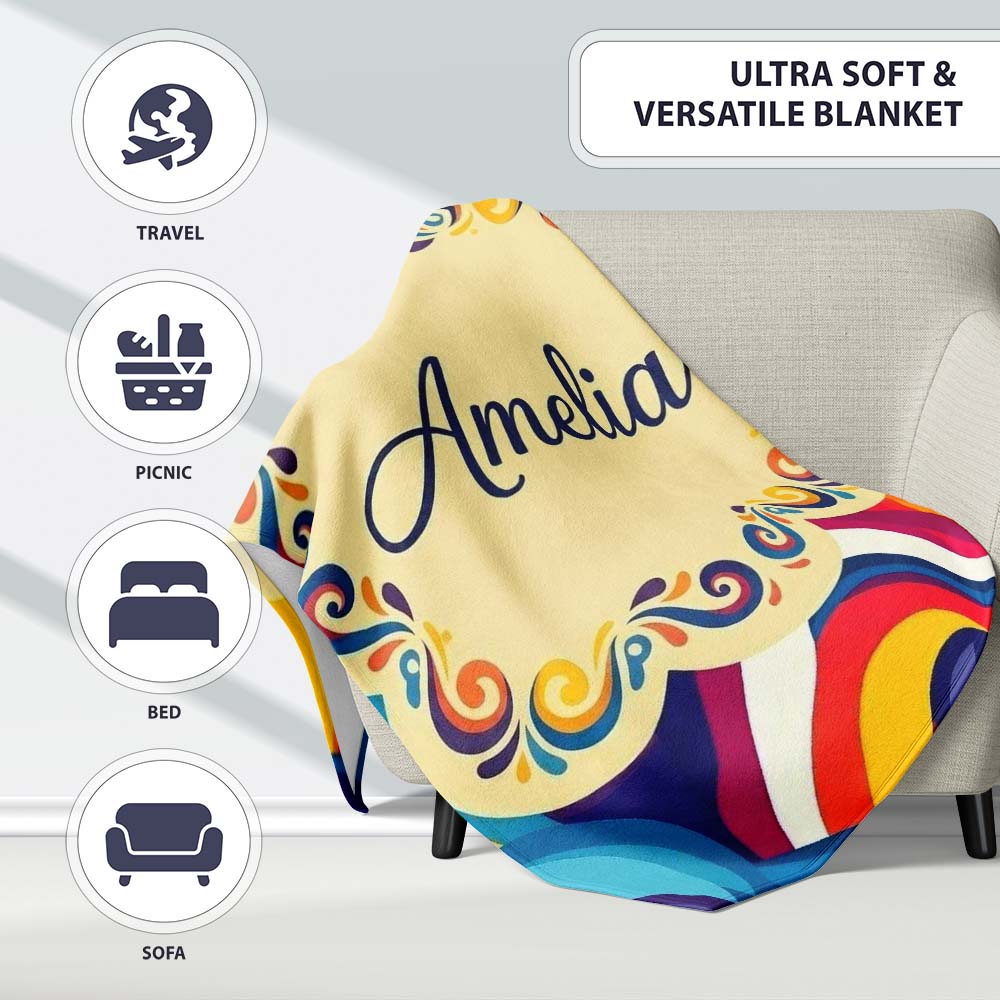 Abstract Colorful Spiral Motion Wave Seamless Pattern Name Cute Personalised Custom Name Super Soft Fleece Blanket Bed Sofa Throw
