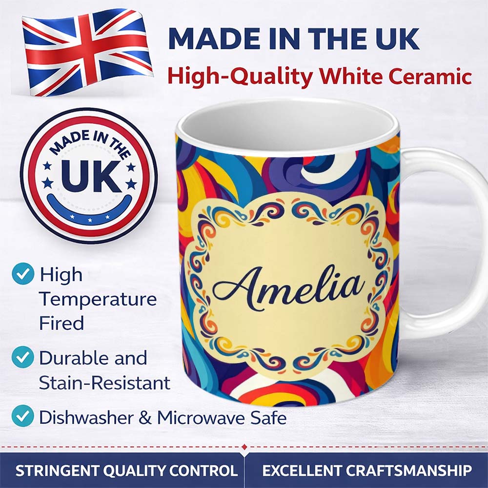 Personalized Custom Name Abstract Colorful Spiral Motion Wave Seamless Pattern Name Cute 11oz Ceramic Coffee Tea Mug White Large Handle