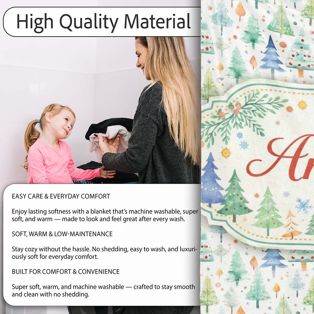 Watercolor Christmas Tree Pastel Forest Seamless Pattern Lovely Personalised Custom Name Super Soft Fleece Blanket Bed Sofa Throw