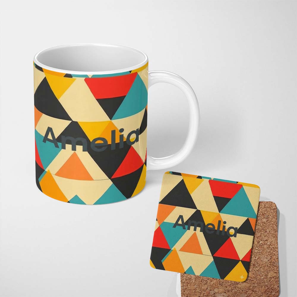 Personalized Custom Name Abstract Geometric Triangle Patchwork Seamless Pattern Name Cute 11oz Ceramic Coffee Tea Mug White Large Handle