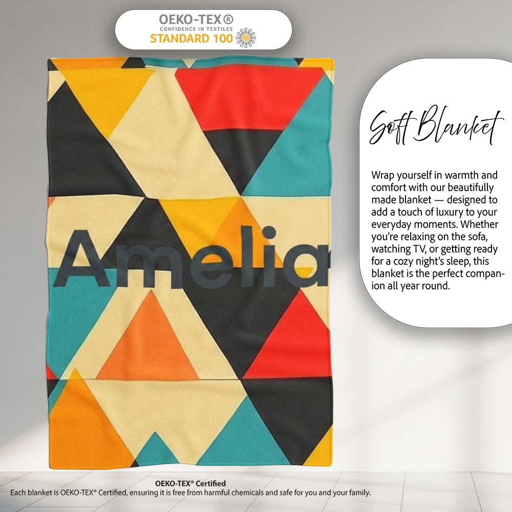 Abstract Geometric Triangle Patchwork Seamless Pattern Name Cute Personalised Custom Name Super Soft Fleece Blanket Bed Sofa Throw