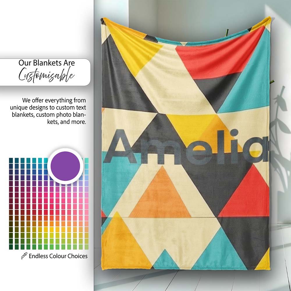 Abstract Geometric Triangle Patchwork Seamless Pattern Name Cute Personalised Custom Name Super Soft Fleece Blanket Bed Sofa Throw