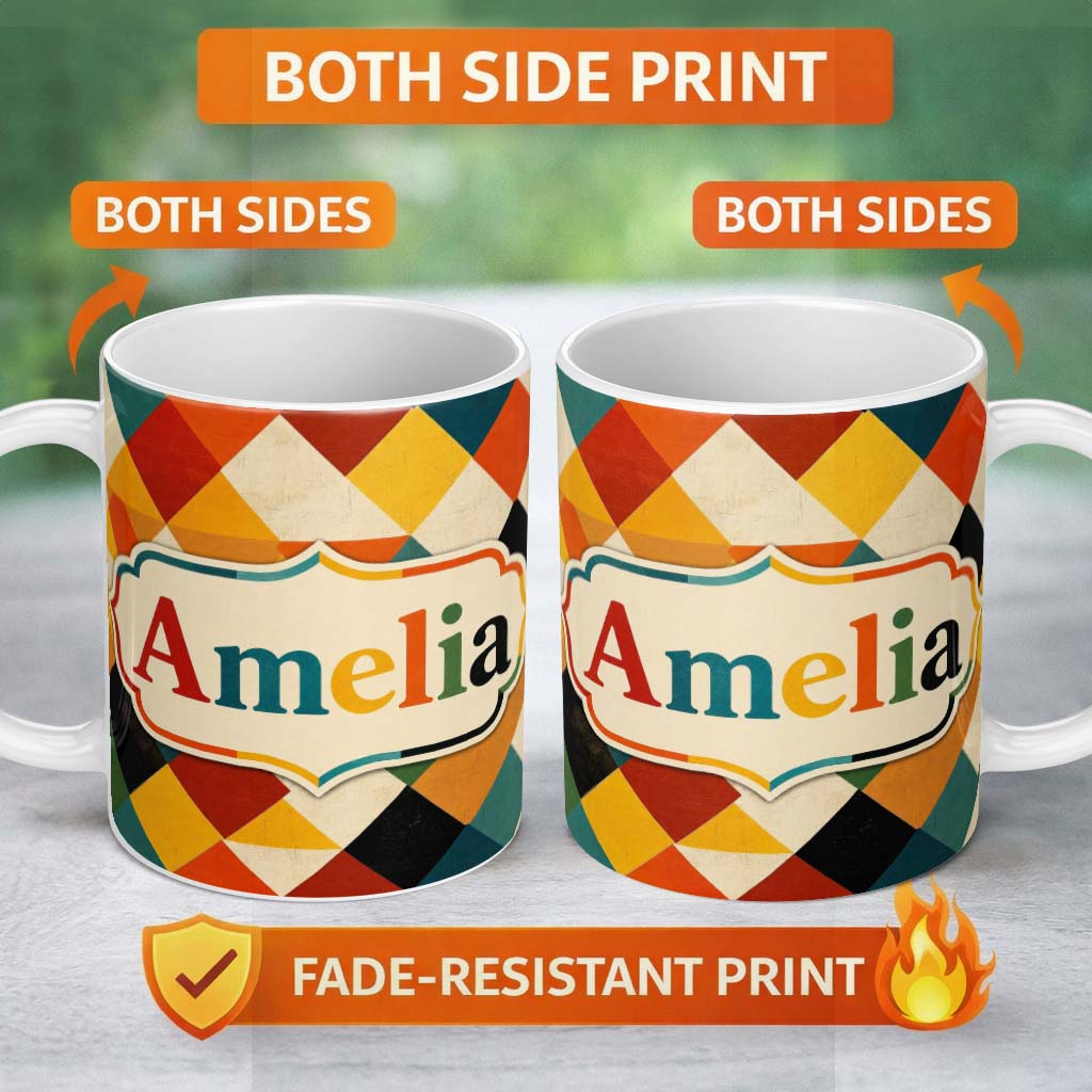 Personalized Custom Name Abstract Geometric Diamond Shapes Color Seamless Pattern Name Cute 11oz Ceramic Coffee Tea Mug White Large Handle
