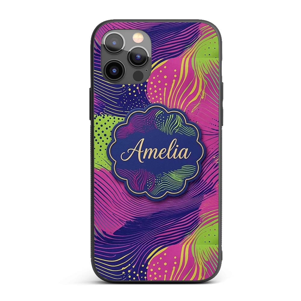 Abstract Neon Wave Lines Dotted Texture Vibrant Custom Name Protective Phone Case Mobile Cover Durable Everyday Smartphone Shock Resistant