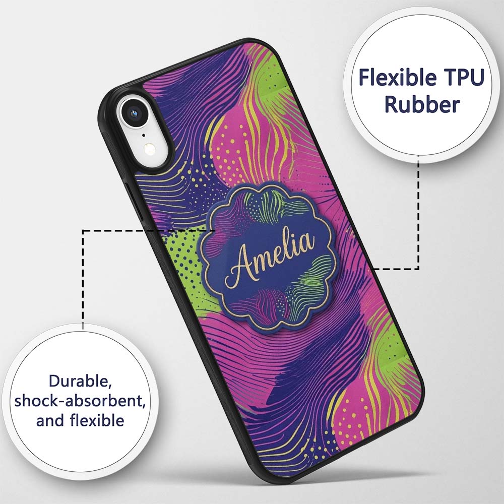 Abstract Neon Wave Lines Dotted Texture Vibrant Custom Name Protective Phone Case Mobile Cover Durable Everyday Smartphone Shock Resistant