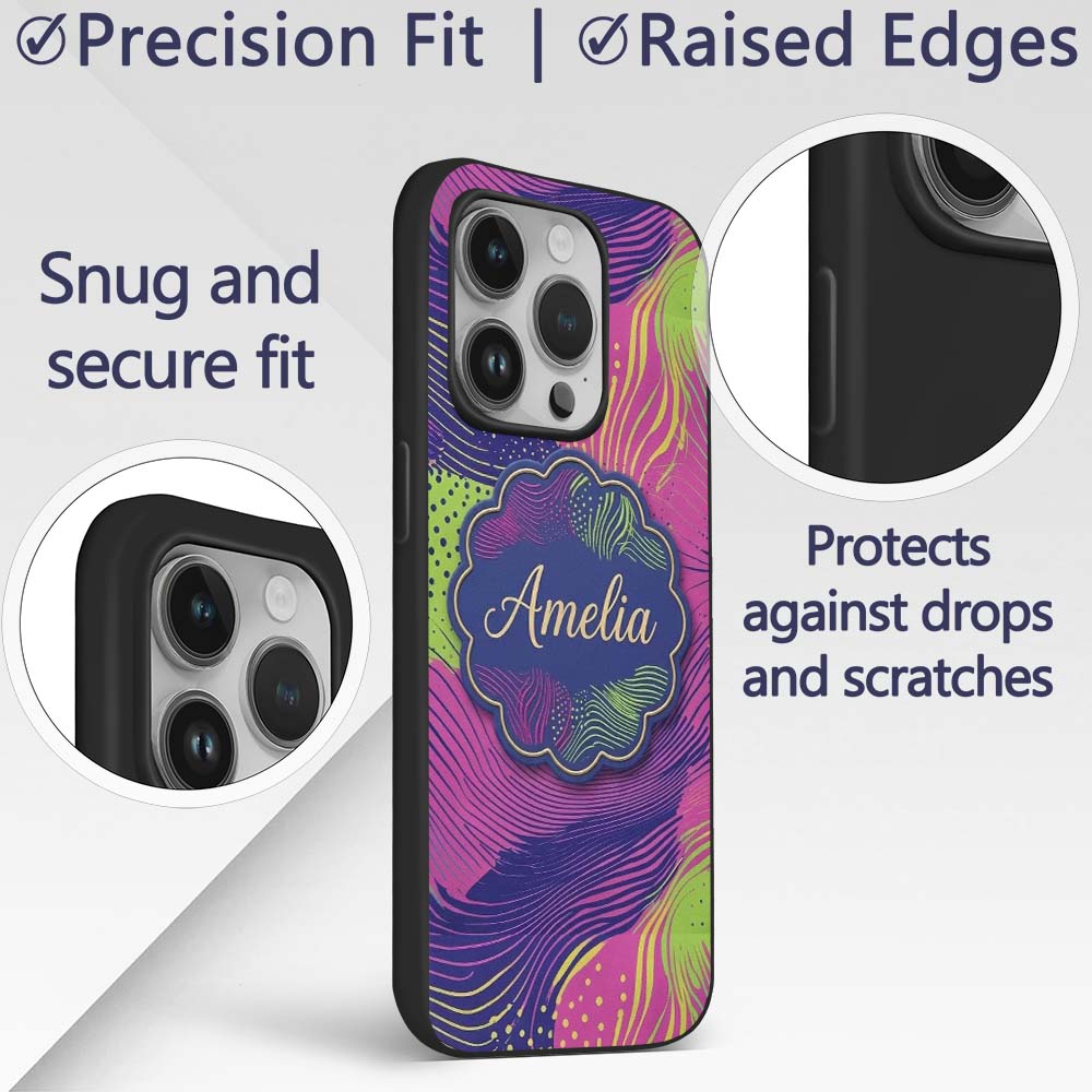 Abstract Neon Wave Lines Dotted Texture Vibrant Custom Name Protective Phone Case Mobile Cover Durable Everyday Smartphone Shock Resistant