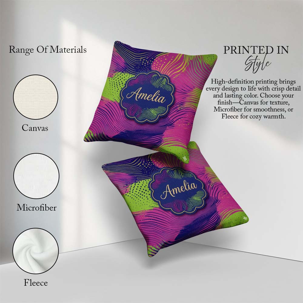 Custom Name Abstract Neon Lines Texture Vibrant Seamless Pattern Square Filled Cushion Throw Pillow Sofa Bed Home Decor Zip Washable UK Made