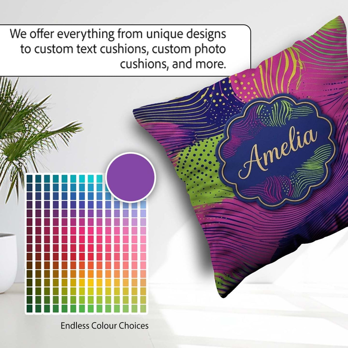 Custom Name Abstract Neon Lines Texture Vibrant Seamless Pattern Square Filled Cushion Throw Pillow Sofa Bed Home Decor Zip Washable UK Made