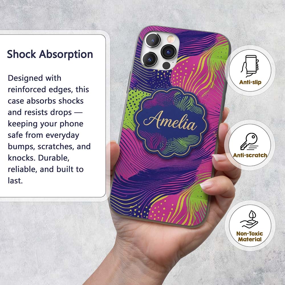 Abstract Neon Wave Lines Dotted Texture Vibrant Custom Name Protective Phone Case Mobile Cover Durable Everyday Smartphone Shock Resistant