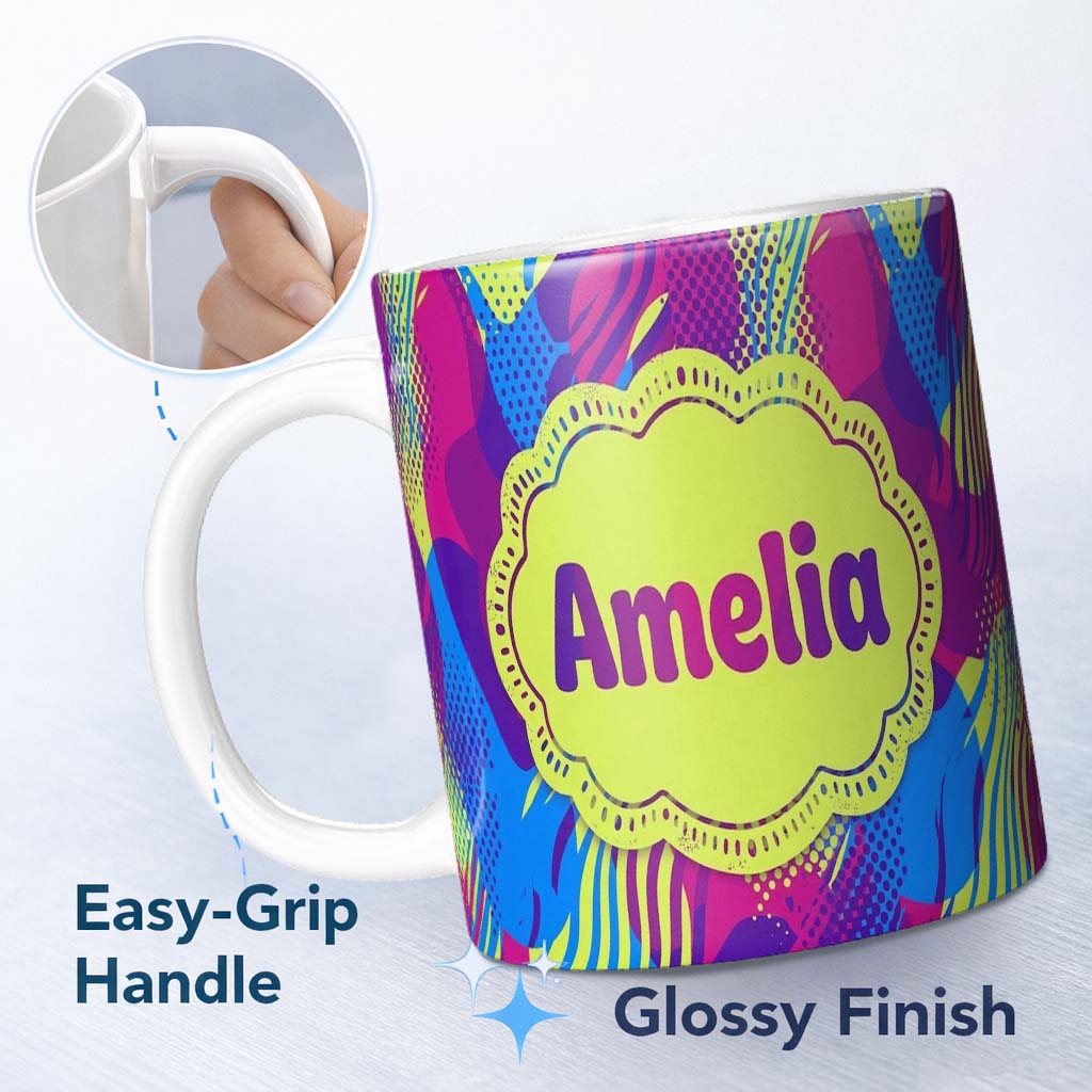 Personalized Custom Name Abstract Colorful Gradient Waves Dots Flow Seamless Pattern Name 11oz Ceramic Coffee Tea Mug White Large Handle