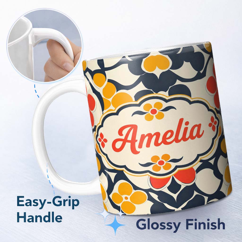 Personalized Custom Name Abstract Floral Shapes Bold Color Seamless Pattern Name Cute Unique 11oz Ceramic Coffee Tea Mug White Large Handle