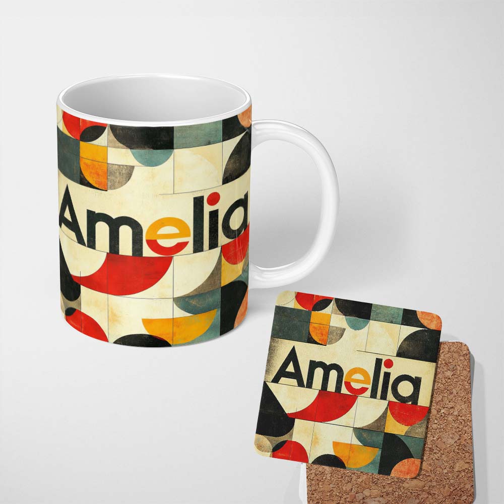Personalized Custom Name Abstract Mid Century Modern Geometric Blocks Seamless Pattern Name 11oz Ceramic Coffee Tea Mug White Large Handle