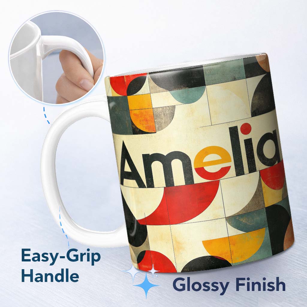 Personalized Custom Name Abstract Mid Century Modern Geometric Blocks Seamless Pattern Name 11oz Ceramic Coffee Tea Mug White Large Handle