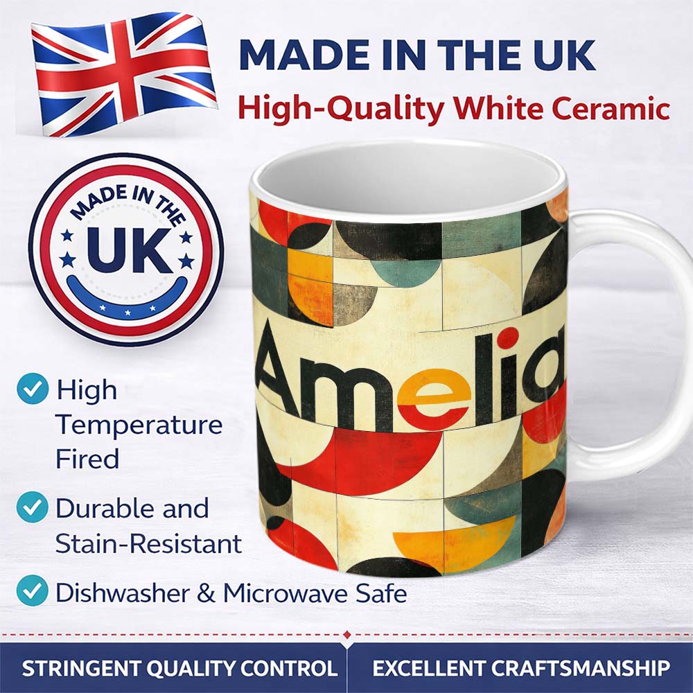 Personalized Custom Name Abstract Mid Century Modern Geometric Blocks Seamless Pattern Name 11oz Ceramic Coffee Tea Mug White Large Handle