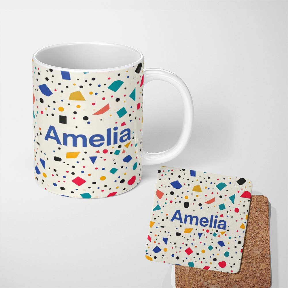 Personalized Custom Name Abstract Minimal Scatter Shapes Confetti Seamless Pattern Custom 11oz Ceramic Coffee Tea Mug White Large Handle