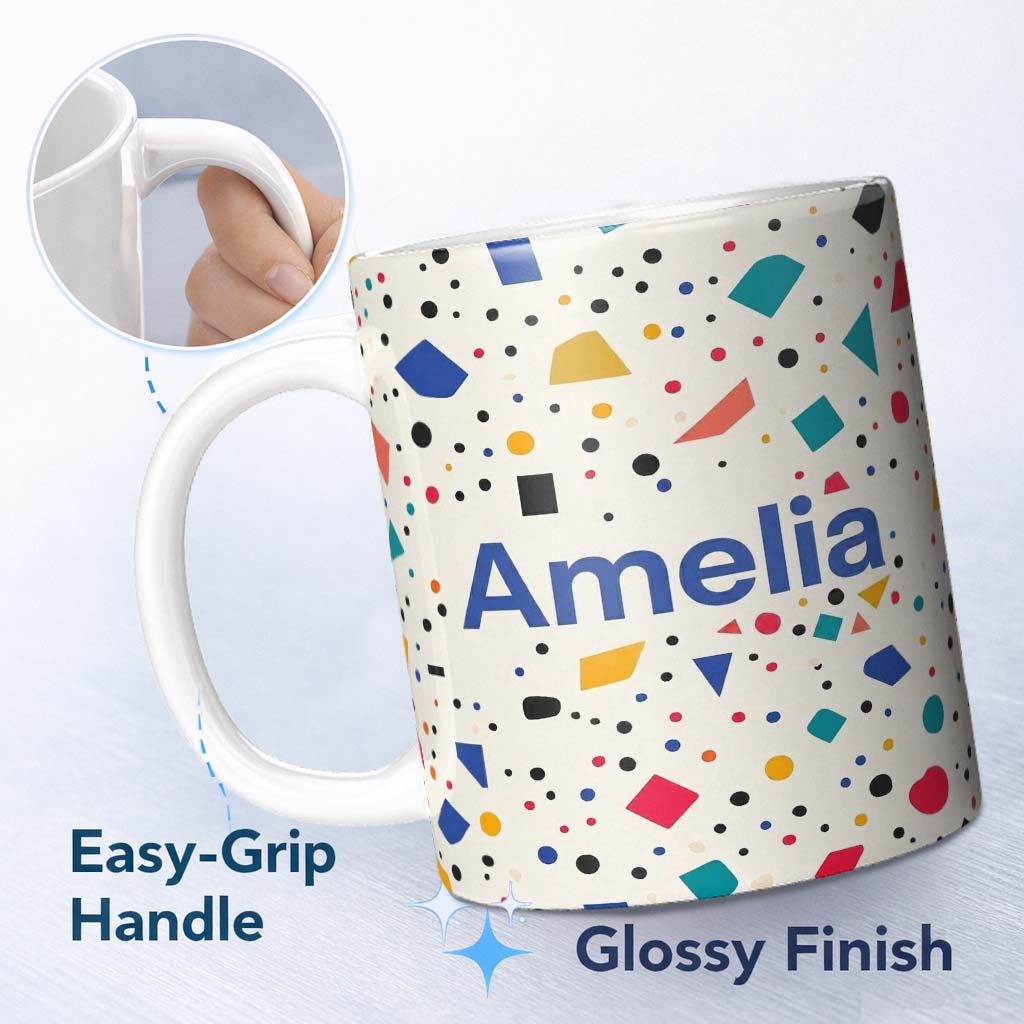 Personalized Custom Name Abstract Minimal Scatter Shapes Confetti Seamless Pattern Custom 11oz Ceramic Coffee Tea Mug White Large Handle