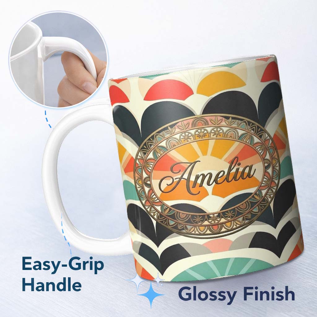 Personalized Custom Name Abstract Art Deco Fan Waves Colorful Seamless Pattern Name Cute 11oz Ceramic Coffee Tea Mug White Large Handle