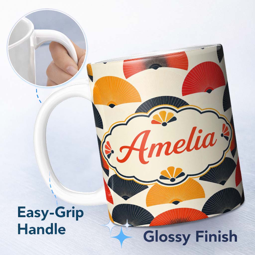 Personalized Custom Name Abstract Japanese Folding Fan Minimal Seamless Pattern Name Cute 11oz Ceramic Coffee Tea Mug White Large Handle