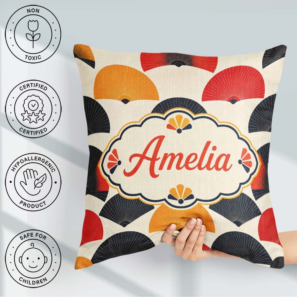 Custom Name Abstract Japanese Folding Fan Minimal Seamless Name Square Filled Cushion Throw Pillow Sofa Bed Home Decor Zip Washable UK Made