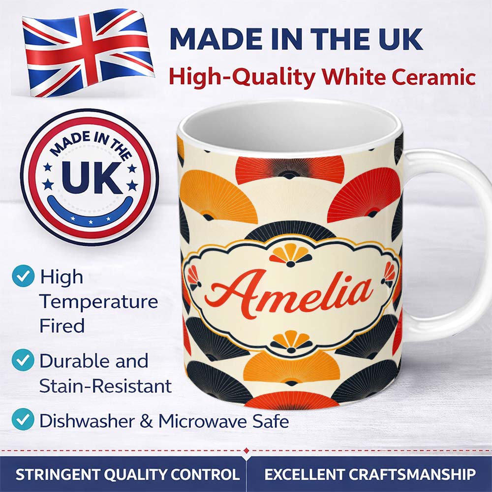 Personalized Custom Name Abstract Japanese Folding Fan Minimal Seamless Pattern Name Cute 11oz Ceramic Coffee Tea Mug White Large Handle